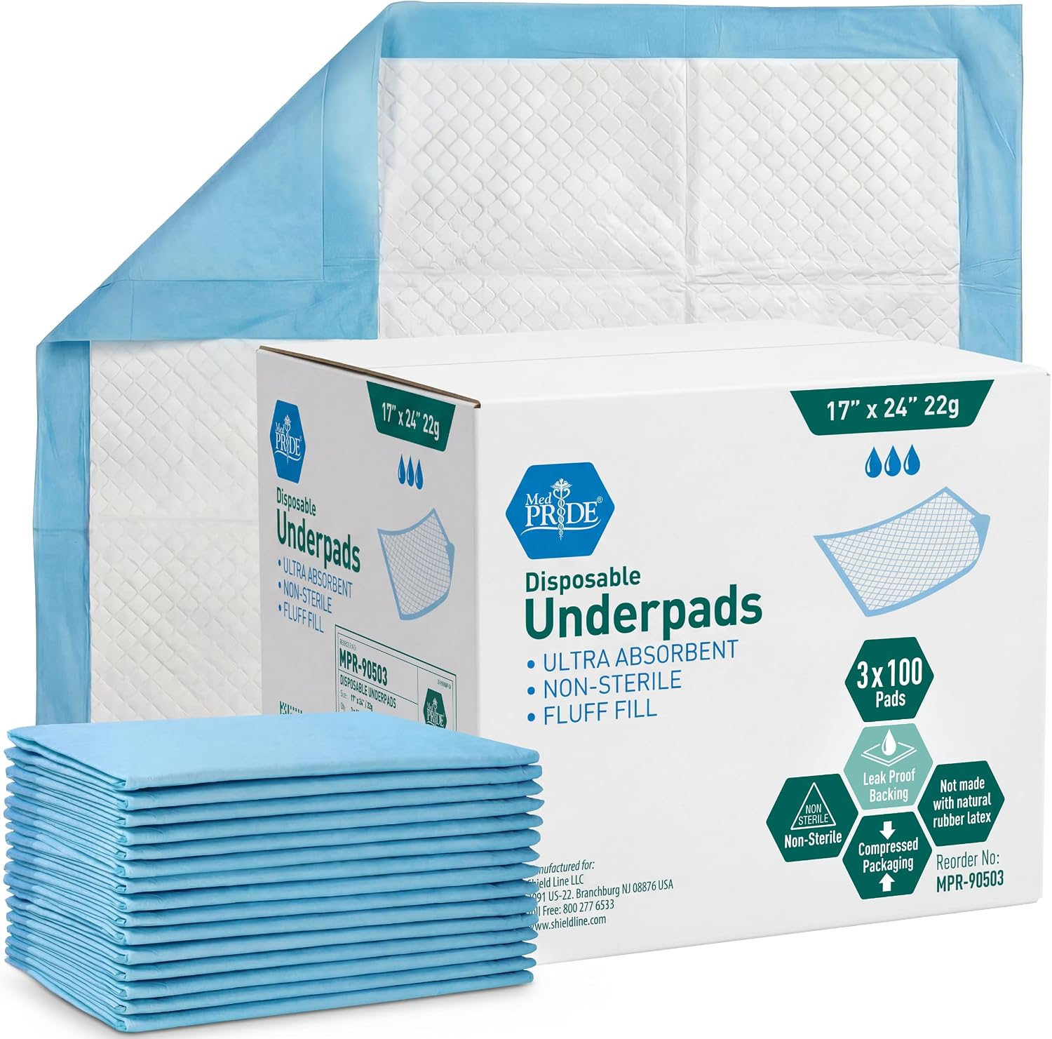 Med-Pride disposable underpads, 17 by 24 inches, 22 gram fluff fill, non-sterile with leakproof backing, case of three packs of 100 pads, reorder number MPR-90503