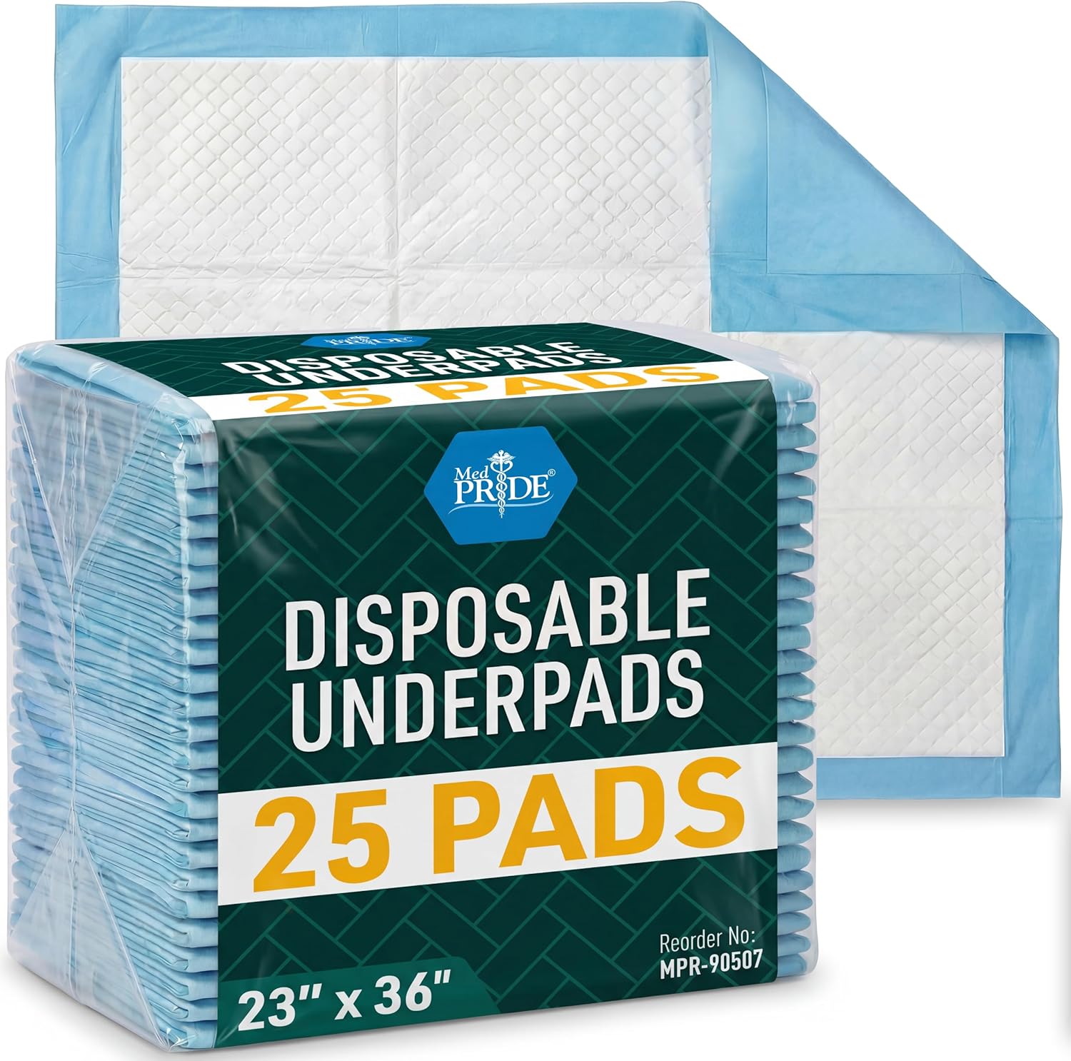 Med-Pride disposable underpads, 23 by 36 inches, pack of 25 blue backed pads, reorder number MPR-90507