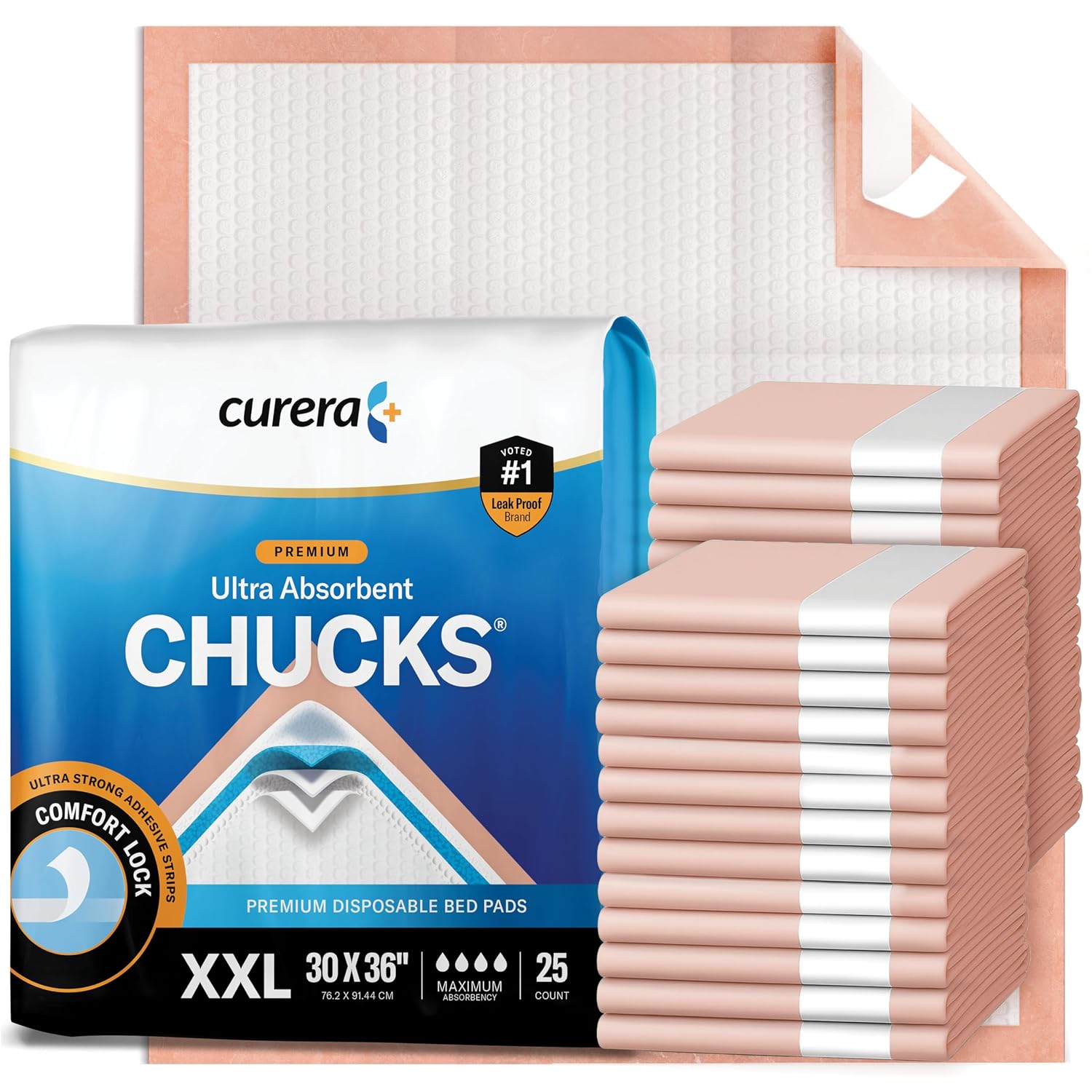 Premium ultra absorbent Chucks disposable bed pads in peach, XXL 30 by 36 inches, maximum absorbency, 25 count, showing the adhesive comfort lock strips on the back of the stack
