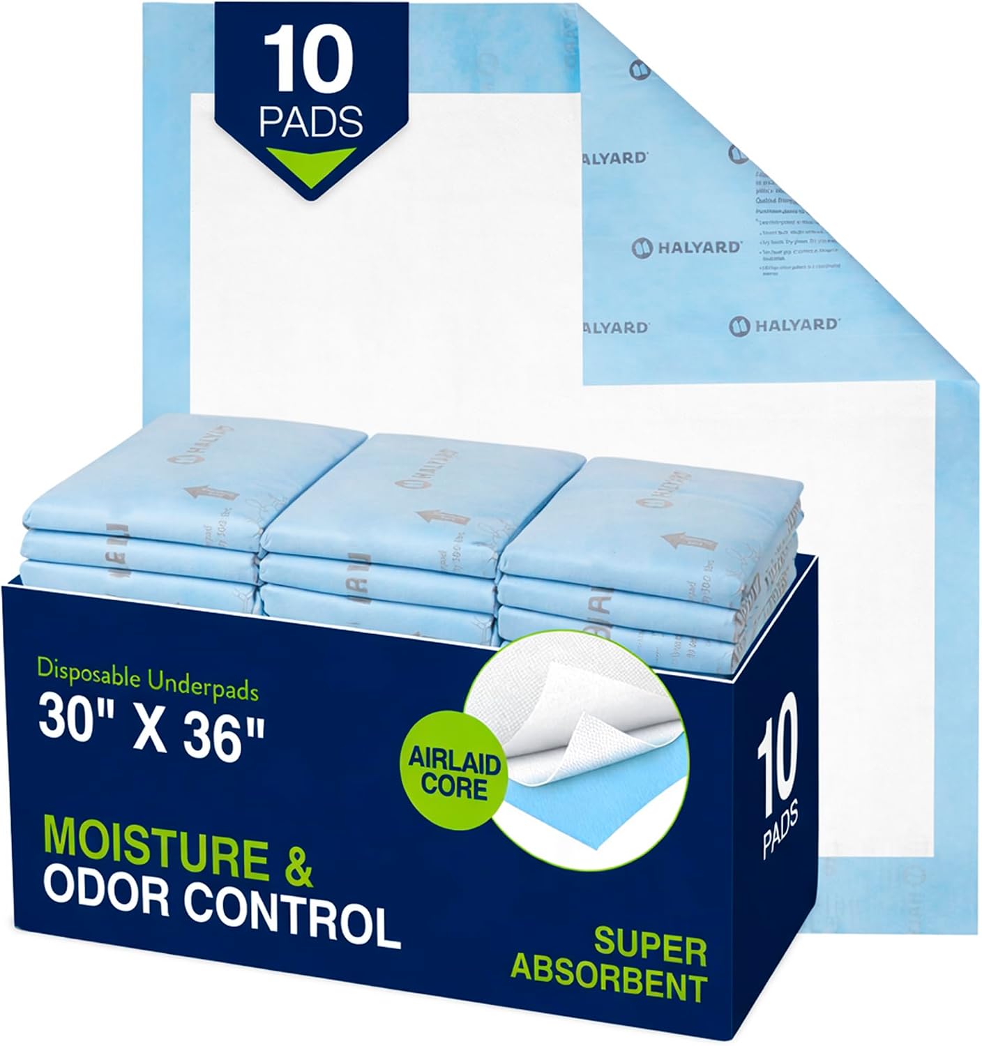 Halyard premium disposable underpads, 30 by 36 inches, airlaid core for moisture and odor control, box of 10 blue backed pads