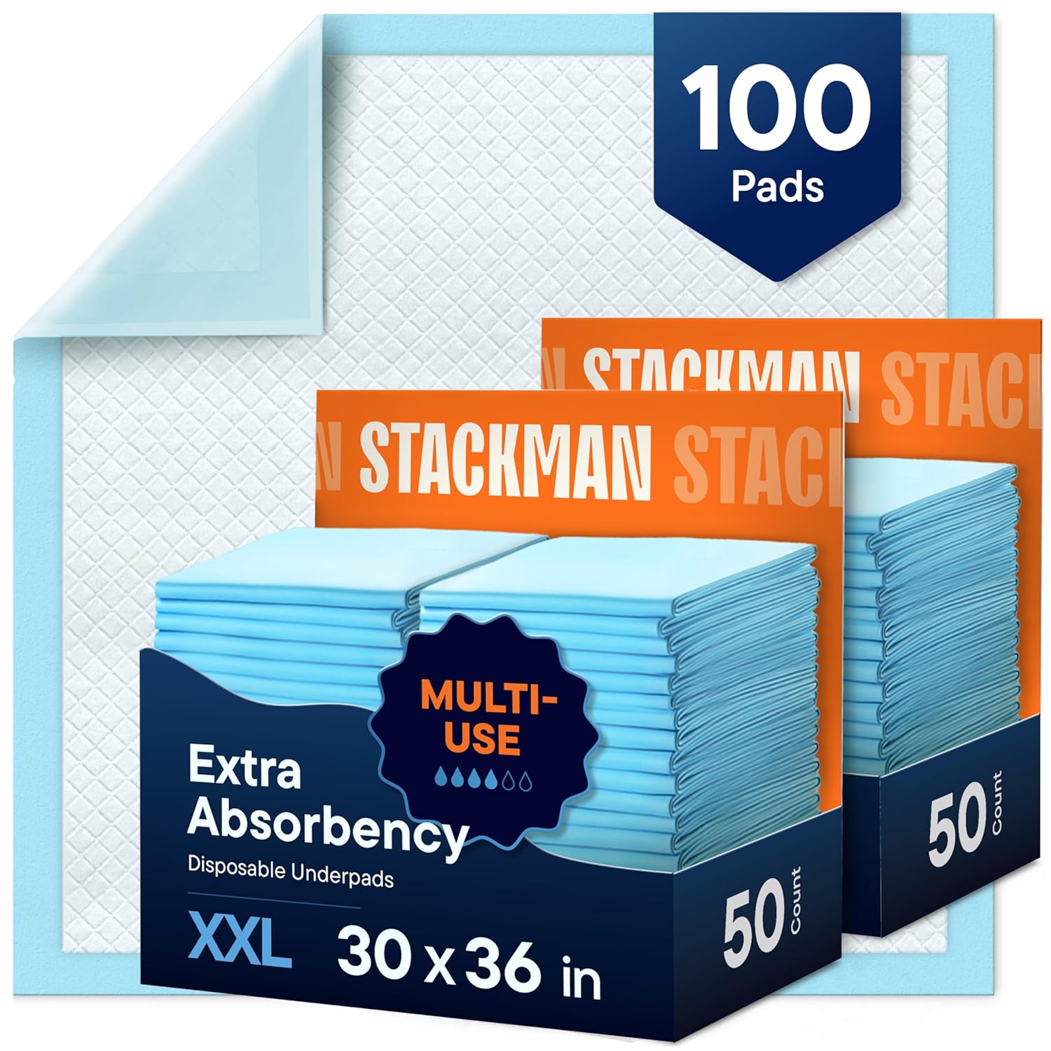 Extra absorbency disposable underpads in blue, XXL 30 by 36 inches, two boxes of 50 making 100 pads total