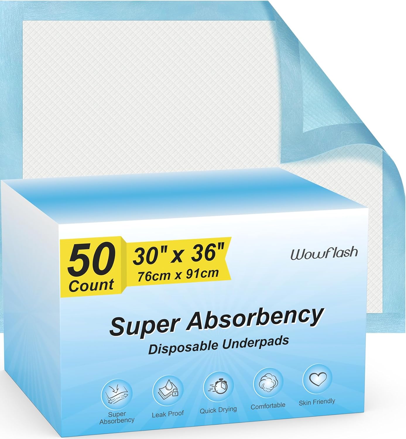 Super absorbency disposable underpads, 30 by 36 inches, 76 by 91 cm, box of 50 blue backed quick drying pads