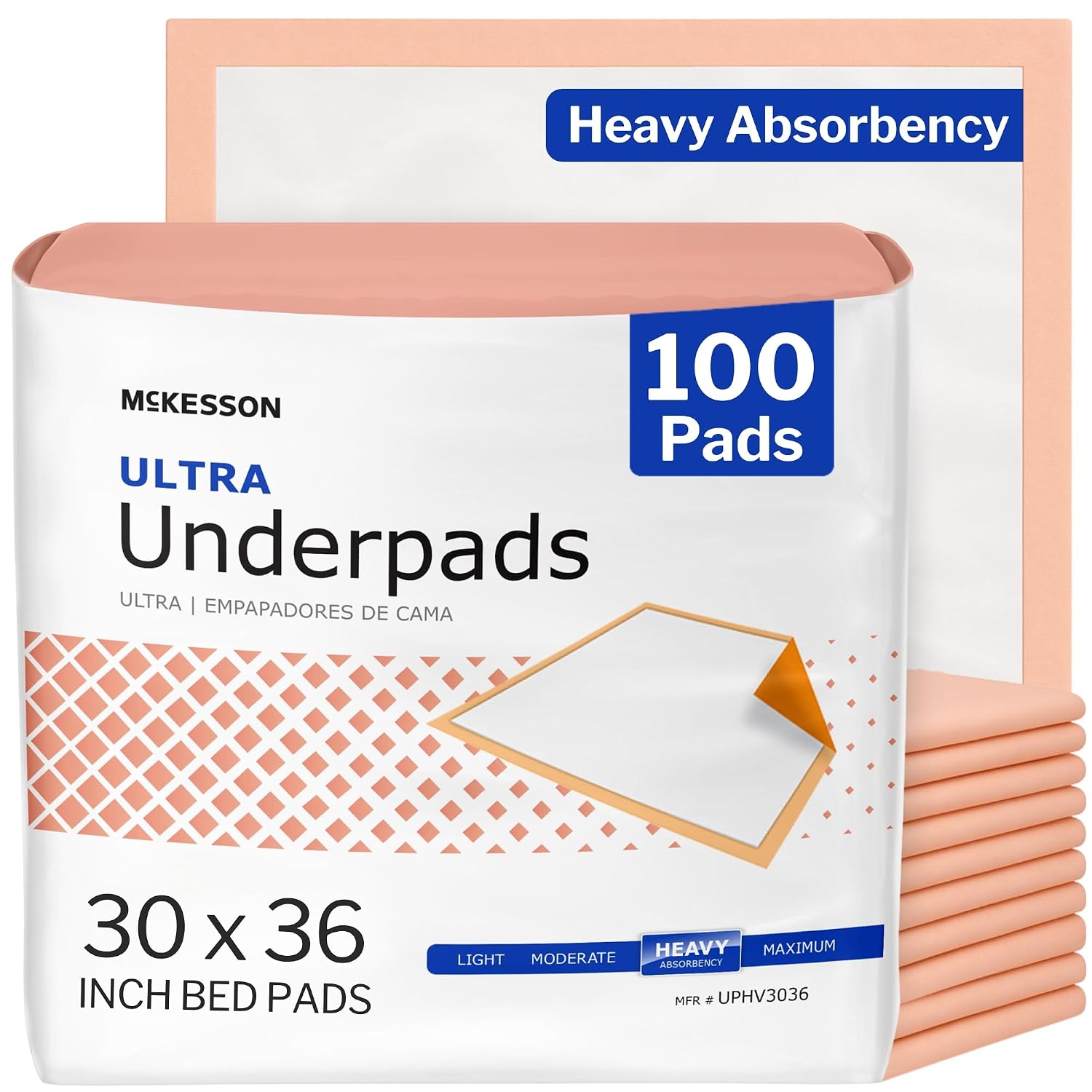 McKesson Ultra underpads in peach, heavy absorbency, 30 by 36 inch bed pads, 100 pads, absorbency scale printed on the pack from light to maximum