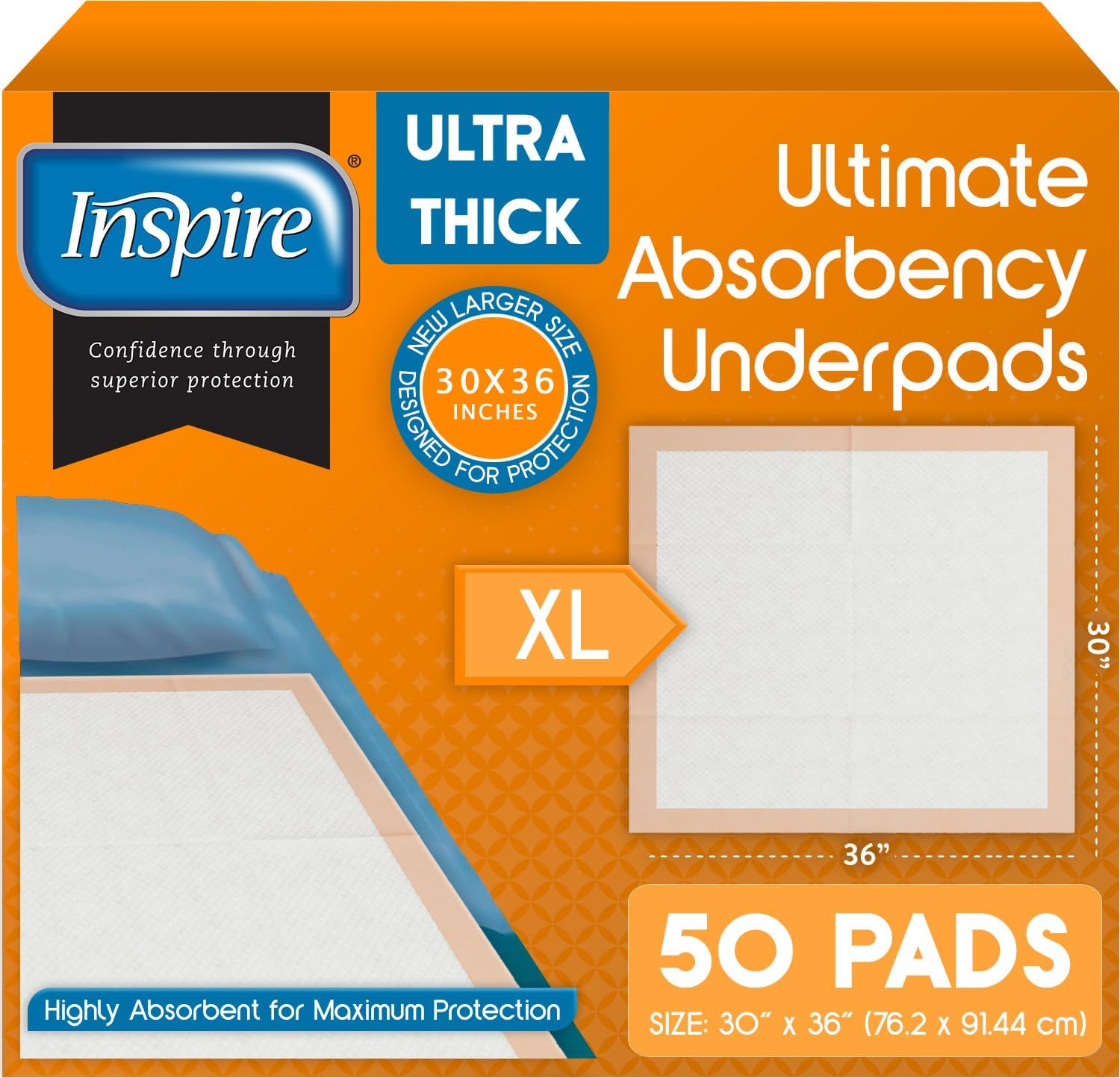 Inspire ultra thick ultimate absorbency underpads, XL 30 by 36 inches, orange box of 50 pads