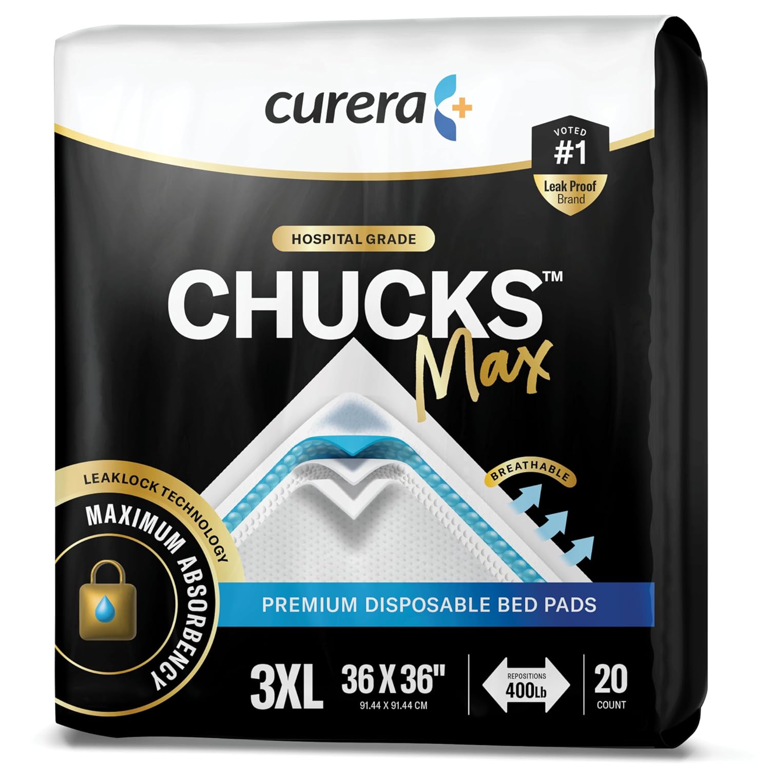 Hospital grade Chucks Max premium disposable bed pads, 3XL 36 by 36 inches, breathable, rated to reposition 400 lb, 20 count black package
