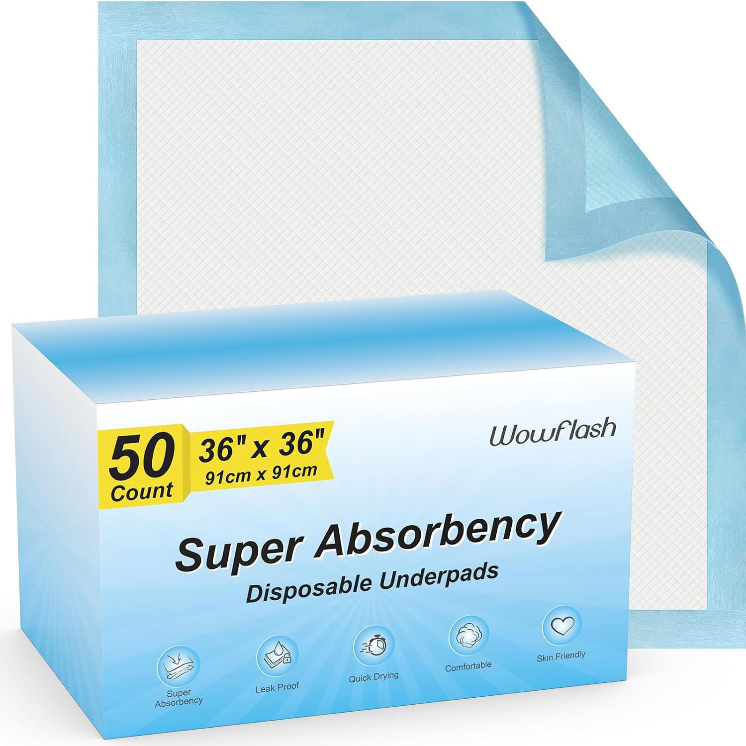 Super absorbency disposable underpads, 36 by 36 inches, 91 by 91 cm, box of 50 blue backed leakproof pads