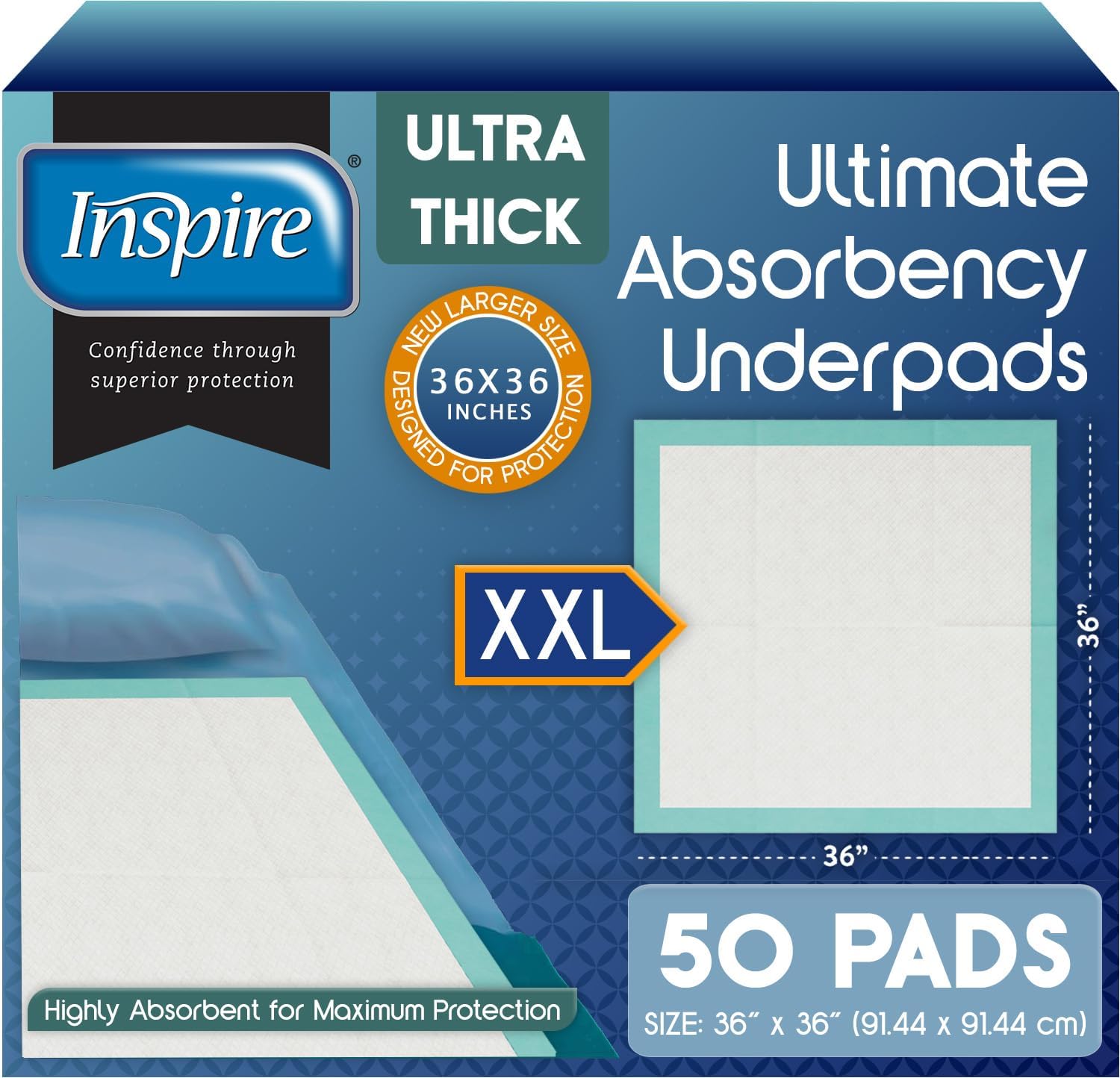 Inspire ultra thick ultimate absorbency underpads, XXL 36 by 36 inches, blue box of 50 pads