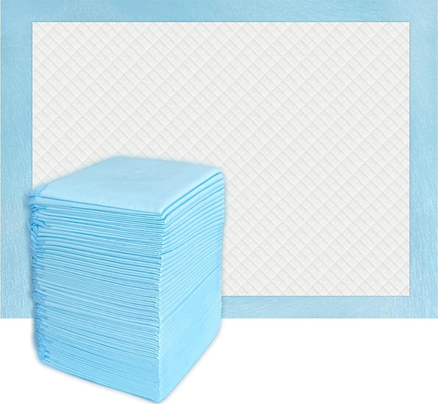 Stack of 50 compact blue backed super absorbency disposable underpads beside one pad opened flat to show the white diamond-quilted top surface