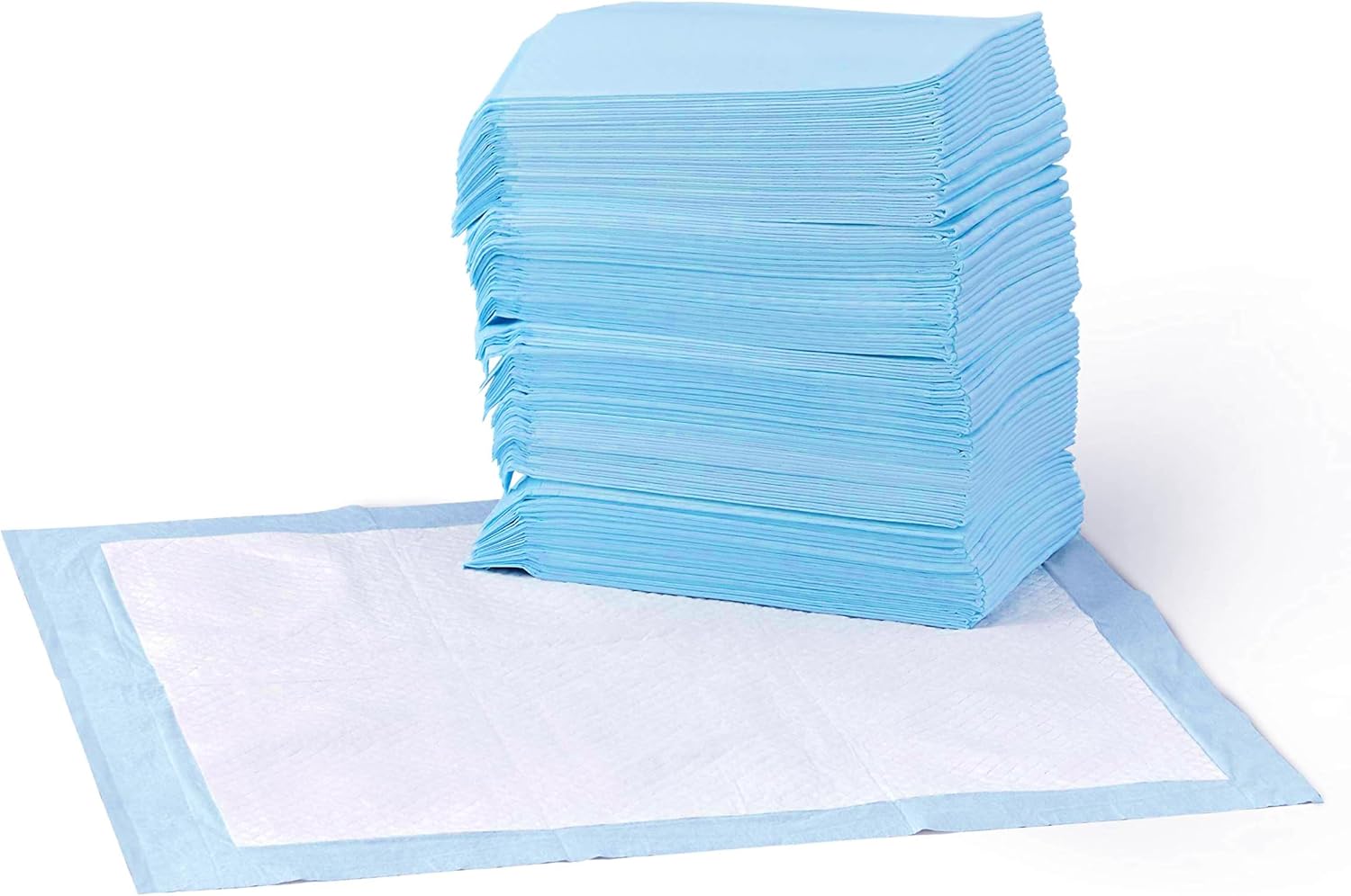 Stack of blue and white leakproof puppy training pads, regular size 22 by 22 inches, 50 count, with one pad laid flat in front of the stack